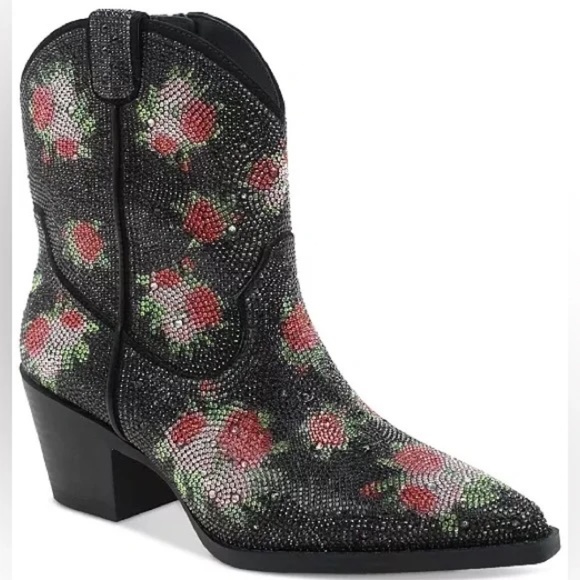 Wild Pair Shoes - Wild Pair Lacey Floral Rhinestone Western Booties Black Size 7 & 10 , NEW